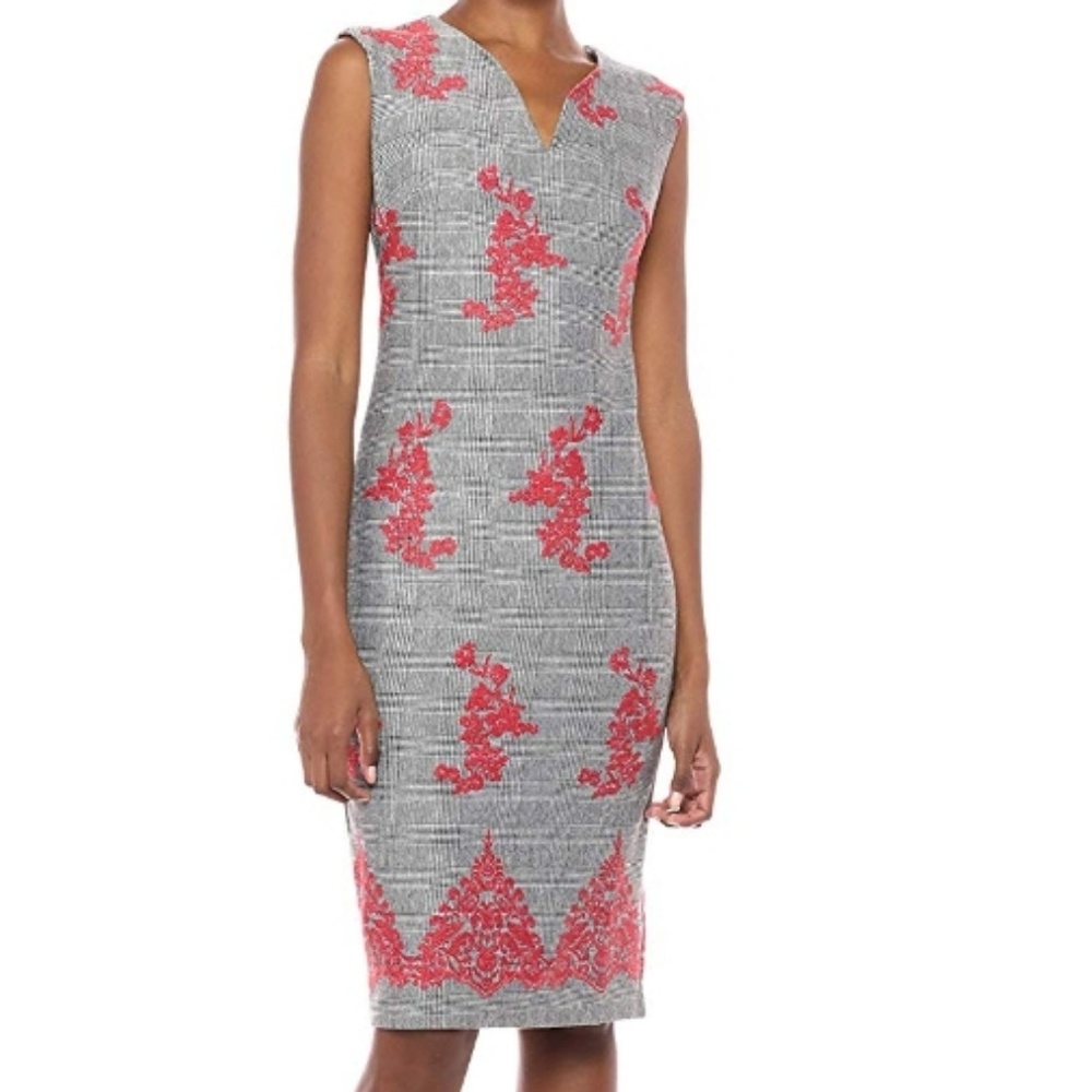 ** ECI Stretch Slip Midi Sheath Dress Embroidery